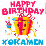A vibrant and funny gift box character with a happy face dancing with a cupcake and the text 'Happy Birthday Xoramen,' surrounded by animated confetti and party vibes.
