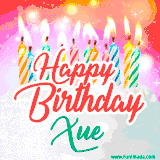 Bright birthday candles with rainbow flames on a cake, alongside the text 'Happy Birthday Xue' in vibrant script in this celebratory animated GIF.