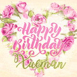 A stunning heart made of pink roses surrounds the elegant script text 'Happy Birthday Xueman' on a soft beige background. Animated sparkles add a magical and festive feel.