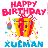 A vibrant and funny gift box character with a happy face dancing with a cupcake and the text 'Happy Birthday Xueman,' surrounded by animated confetti and party vibes.