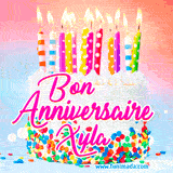 A white birthday cake covered in colorful sprinkles, topped with bright candles, and French text 'Bon Anniversaire Xyla' on a pastel gradient background in an animated GIF.
