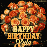 Animated bouquet of orange roses with moving butterfles and golden 'Happy Birthday Xyla' text, surrounded by sparkling accents and a dark backdrop for a luxurious feel.
