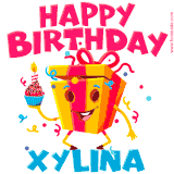 A vibrant and funny gift box character with a happy face dancing with a cupcake and the text 'Happy Birthday Xylina,' surrounded by animated confetti and party vibes.