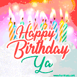 Bright birthday candles with rainbow flames on a cake, alongside the text 'Happy Birthday Ya' in vibrant script in this celebratory animated GIF.