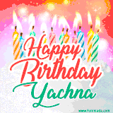 Bright birthday candles with rainbow flames on a cake, alongside the text 'Happy Birthday Yachna' in vibrant script in this celebratory animated GIF.