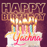 A colorful birthday cake topped with lit candles, with the words 'Happy Birthday Yachna' in bold glowing letters on a burgundy background. Animated flames add a festive touch.