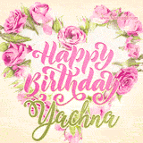 A stunning heart made of pink roses surrounds the elegant script text 'Happy Birthday Yachna' on a soft beige background. Animated sparkles add a magical and festive feel.
