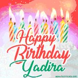 Bright birthday candles with rainbow flames on a cake, alongside the text 'Happy Birthday Yadira' in vibrant script in this celebratory animated GIF.
