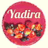 Beautifully decorated red velvet berry birthday cake with vibrant fruits and a glowing 'Yadira' name, adding a touch of sweetness and sparkle.