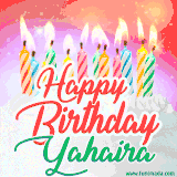 Bright birthday candles with rainbow flames on a cake, alongside the text 'Happy Birthday Yahaira' in vibrant script in this celebratory animated GIF.