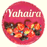 Beautifully decorated red velvet berry birthday cake with vibrant fruits and a glowing 'Yahaira' name, adding a touch of sweetness and sparkle.