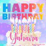 A vibrant animated name GIF with the words 'Happy Birthday Yahaira' with colorful candles on a creamy cake. The background sparkles with pastel shades, adding a festive touch.