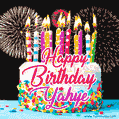 Amazing Animated GIF Image for Yahye with Birthday Cake and Fireworks