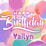 A vibrant name GIF featuring colorful balloons in shades of pink, orange, and yellow with the bold text 'Happy Birthday Yailyn' in festive fonts, creating a lively birthday vibe.
