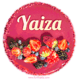 Beautifully decorated red velvet berry birthday cake with vibrant fruits and a glowing 'Yaiza' name, adding a touch of sweetness and sparkle.