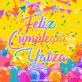 A bright and festive GIF with the text 'Feliz Cumpleaños Yaiza' in Spanish in colorful fonts, surrounded by confetti, balloons, and festive banners on a vibrant yellow background.