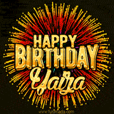 Golden 'Happy Birthday Yaiza' text accompanied by animated rainbow fireworks for a festive animated greeting.