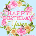 A charming animated GIF featuring 'Happy Birthday Yaiza' in pink and green text, surrounded by delicate roses, leaves, and fluttering butterflies on a soft light blue pastel background.