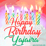 Bright birthday candles with rainbow flames on a cake, alongside the text 'Happy Birthday Yajaira' in vibrant script in this celebratory animated GIF.