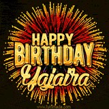 Golden 'Happy Birthday Yajaira' text accompanied by animated rainbow fireworks for a festive animated greeting.
