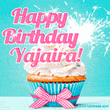 A festive cupcake with pink icing, a gingham bow, and a lit animated sparkler, paired with 'Happy Birthday Yajaira!' in bright pink text.