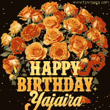 Animated bouquet of orange roses with moving butterfles and golden 'Happy Birthday Yajaira' text, surrounded by sparkling accents and a dark backdrop for a luxurious feel.