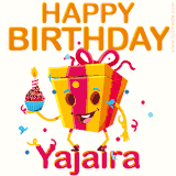 A vibrant and funny gift box character with a happy face dancing with a cupcake and the text 'Happy Birthday Yajaira,' surrounded by animated confetti and party vibes.
