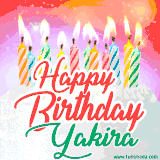 Bright birthday candles with rainbow flames on a cake, alongside the text 'Happy Birthday Yakira' in vibrant script in this celebratory animated GIF.