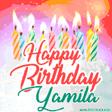 Bright birthday candles with rainbow flames on a cake, alongside the text 'Happy Birthday Yamila' in vibrant script in this celebratory animated GIF.