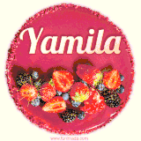 Beautifully decorated red velvet berry birthday cake with vibrant fruits and a glowing 'Yamila' name, adding a touch of sweetness and sparkle.