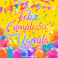 A bright and festive GIF with the text 'Feliz Cumpleaños Yamila' in Spanish in colorful fonts, surrounded by confetti, balloons, and festive banners on a vibrant yellow background.