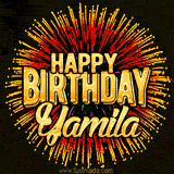 Golden 'Happy Birthday Yamila' text accompanied by animated rainbow fireworks for a festive animated greeting.