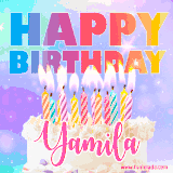 A vibrant animated name GIF with the words 'Happy Birthday Yamila' with colorful candles on a creamy cake. The background sparkles with pastel shades, adding a festive touch.