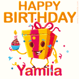 A vibrant and funny gift box character with a happy face dancing with a cupcake and the text 'Happy Birthday Yamila,' surrounded by animated confetti and party vibes.