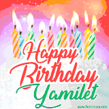 Bright birthday candles with rainbow flames on a cake, alongside the text 'Happy Birthday Yamilet' in vibrant script in this celebratory animated GIF.