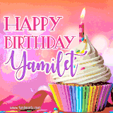 A vibrant birthday GIF featuring a rainbow-colored cupcake topped with white frosting, sprinkles, and a lit candle. The text reads 'Happy Birthday Yamilet' in bold pink and violet letters with white outline.