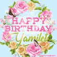 A charming animated GIF featuring 'Happy Birthday Yamilet' in pink and green text, surrounded by delicate roses, leaves, and fluttering butterflies on a soft light blue pastel background.