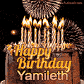 A glowing personalized birthday GIF with name Yamileth featuring lit candles with intricate designs, warm lighting, and the text 'Happy Birthday' in an elegant font.