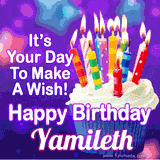 A colorful birthday GIF for Yamileth featuring a cupcake with vibrant lit candles and the text 'It's Your Day to Make a Wish! Happy Birthday Yamileth' in bold letters on a festive purple background.