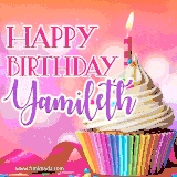 A vibrant birthday GIF featuring a rainbow-colored cupcake topped with white frosting, sprinkles, and a lit candle. The text reads 'Happy Birthday Yamileth' in bold pink and violet letters with white outline.
