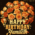 Beautiful bouquet of orange and red roses for Yamileth, golden inscription and twinkling stars