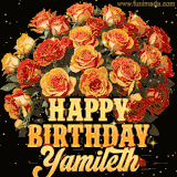 Animated bouquet of orange roses with moving butterfles and golden 'Happy Birthday Yamileth' text, surrounded by sparkling accents and a dark backdrop for a luxurious feel.