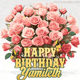 Golden 'Happy Birthday Yamileth' text beneath a vibrant bouquet of orange roses, complete with glittering butterflies and sparkling details.