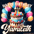 Hand-drawn happy birthday cake adorned with an arch of colorful balloons - name GIF for Yamileth
