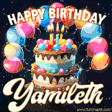 Bright birthday animation for Yamileth with a chocolate cake, candles, balloons, and glowing celebratory lights.