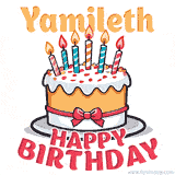 Cartoon birthday cake with a red bow, glowing candles, and 'Yamileth Happy Birthday' text in bold animated style.