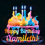 A mesmerizing animated cake with multicolor frosting and candles, and the words 'Happy Birthday Yamileth' on the black background.