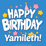 Colorful animated birthday card with the text 'HAPPY BIRTHDAY Yamileth!' in a white playful font surrounded by stars, hearts, and a party hat on a blue background.