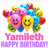 Animated colorful and joyful birthday balloons with cheerful smiles and a bright 'Happy Birthday Yamileth!' message in pink and purple.