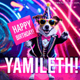 Animated GIF of a cool dog wearing a suit and sunglasses, holding a 'Happy Birthday' sign for Yamileth, set against a bright and colorful neon party background.